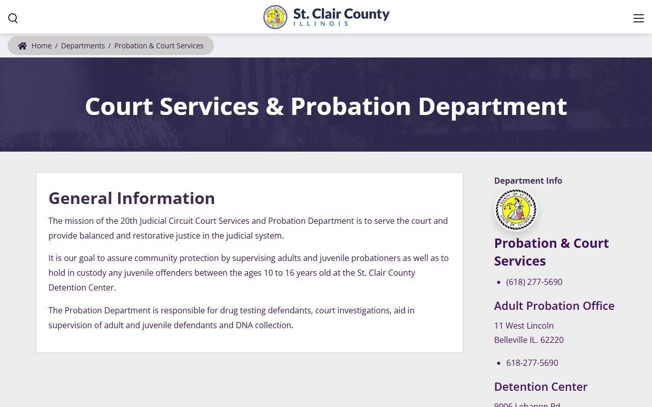 St. Clair County 20th Judicial Circuit Probation and Court Services page listing adult, juvenile, and detention contacts