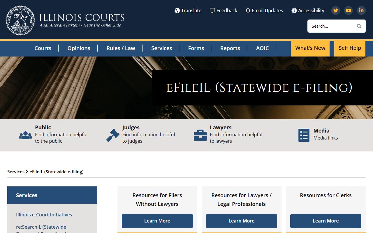 Illinois Courts eFileIL information page describing statewide eFiling and re:SearchIL