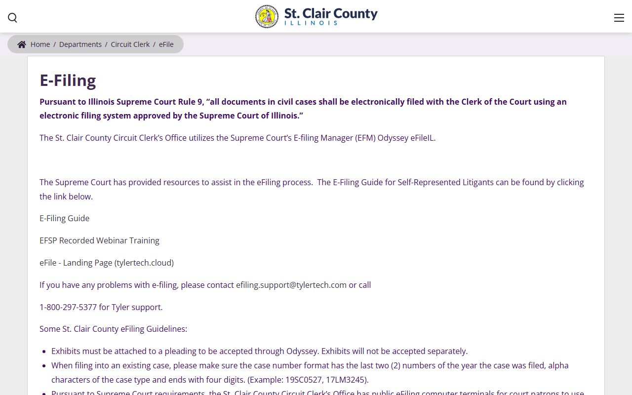 St. Clair County Circuit Clerk eFiling page describing mandatory eFiling and public terminals