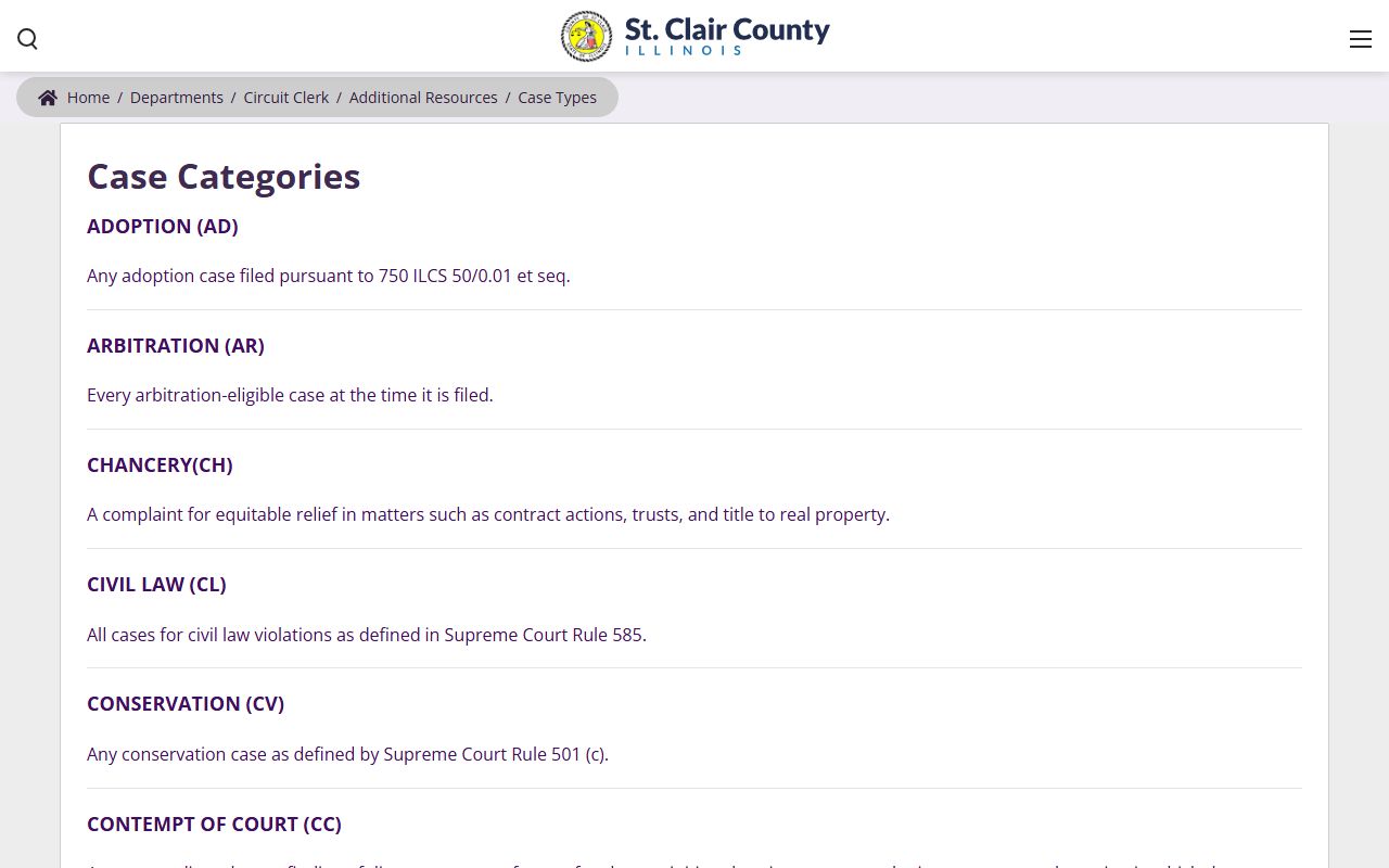 St. Clair County Circuit Clerk case categories page listing Illinois case codes