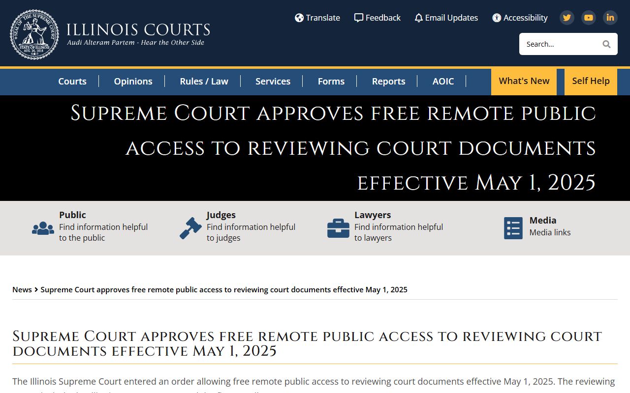 Illinois Courts news on free remote public access to reviewing court documents effective May 1, 2025