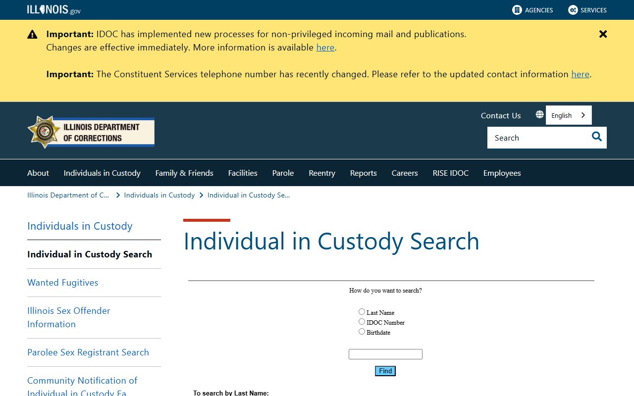 Illinois Department of Corrections Individual in Custody Search for state prison lookups