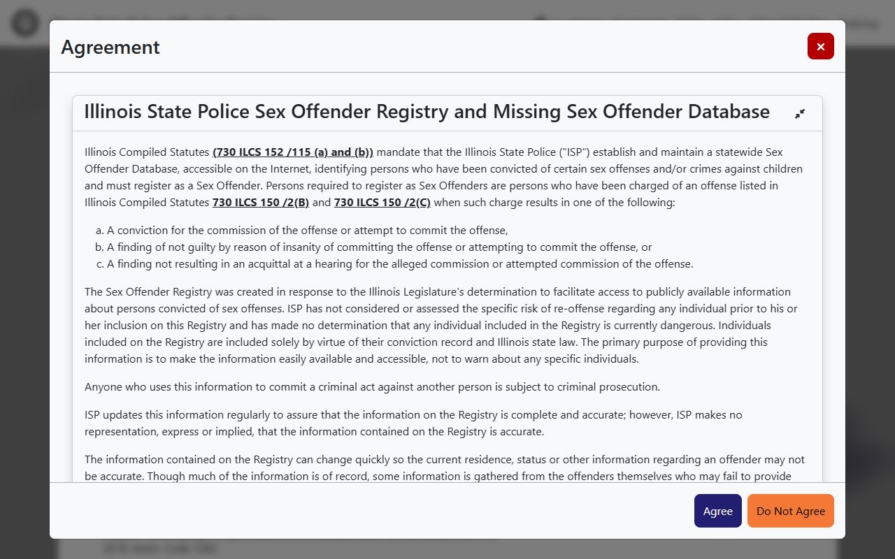 Illinois State Police sex offender registry disclaimer and search entry page