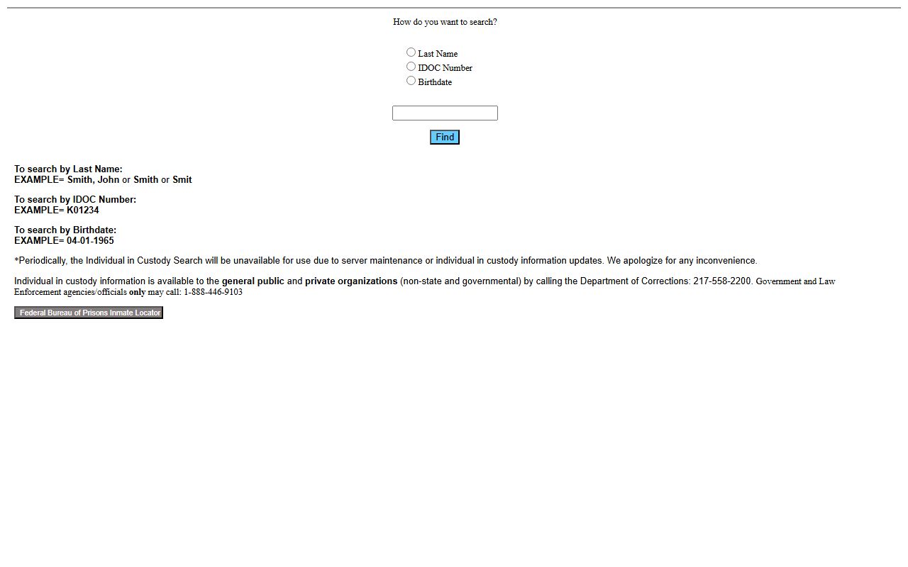 Legacy IDOC inmate search page with maintenance notice