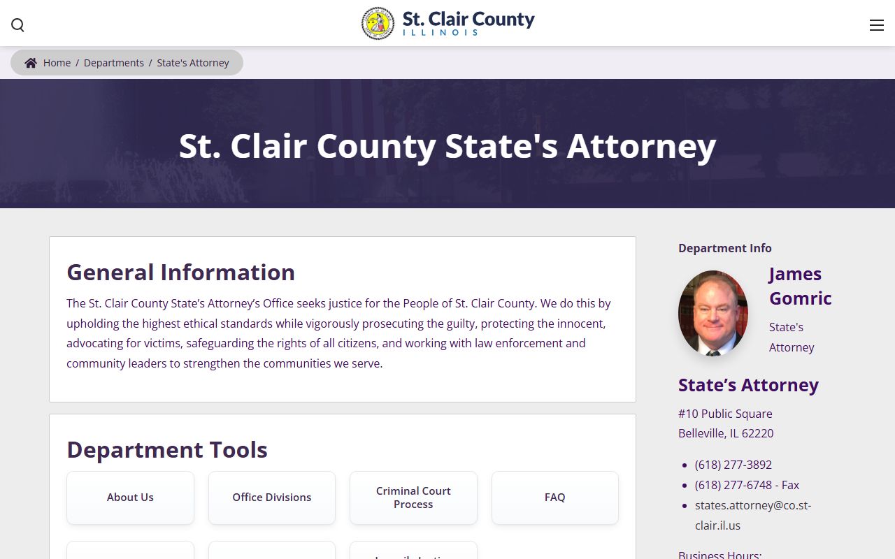 St. Clair County State's Attorney landing page with divisions, victim services, and FAQ