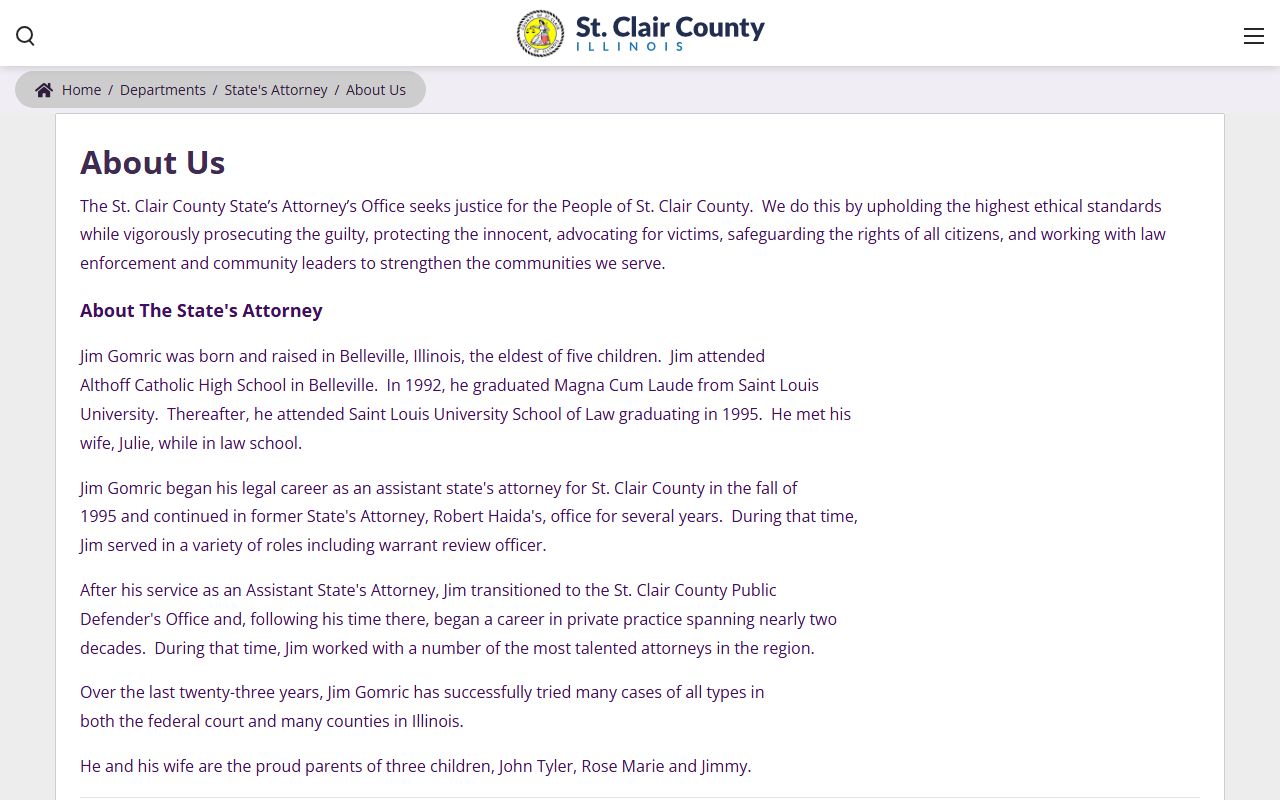 St. Clair County State's Attorney about page with leadership and bureau structure