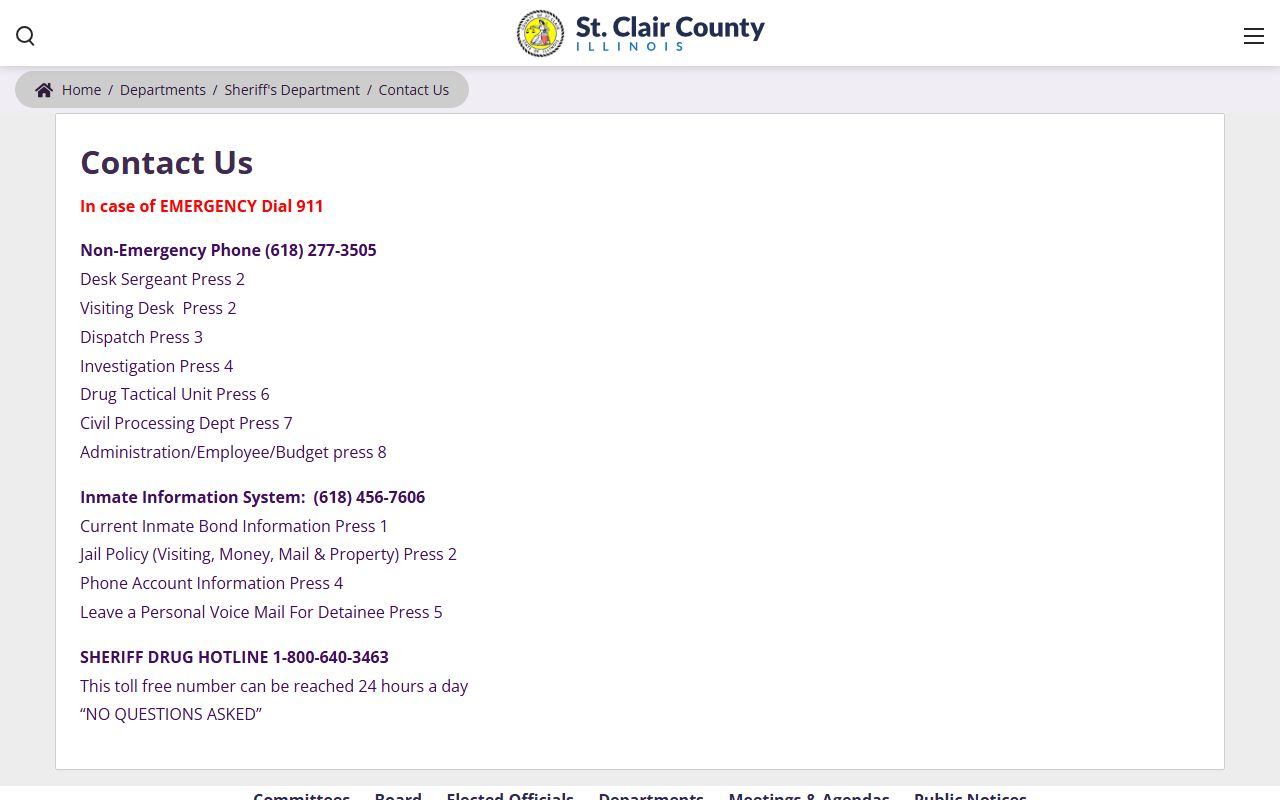 St. Clair County Sheriff contact page with jail policy phone tree
