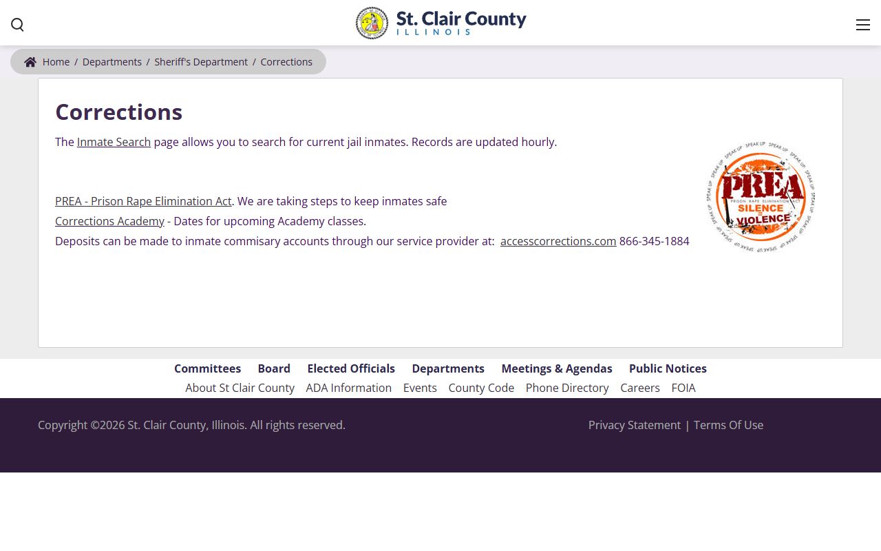 St. Clair County Sheriff corrections page with inmate refresh notice
