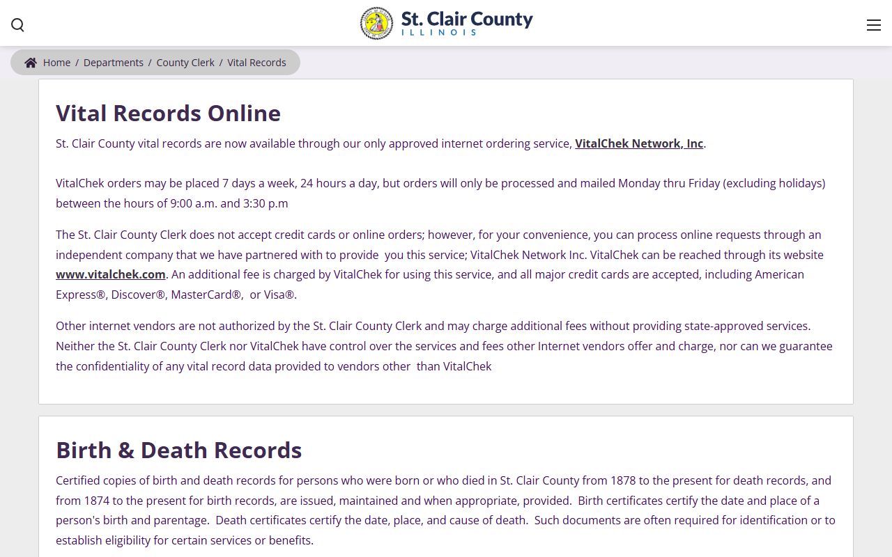 St. Clair County Clerk vital records page listing marriage record fees and request rules