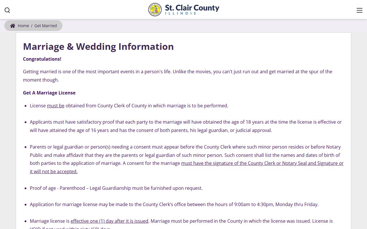 St. Clair County Clerk get married page with marriage license fee, ID rules, and courthouse wedding details