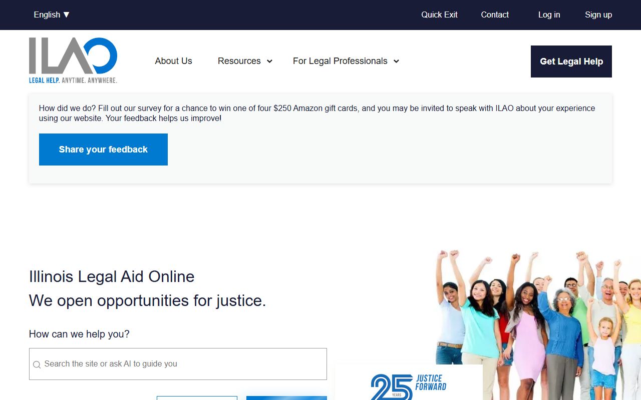 Illinois Legal Aid Online homepage with family law, divorce, and self-help resources for St. Clair County