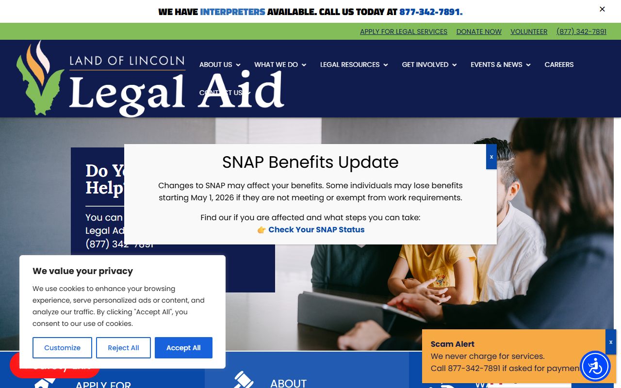 Land of Lincoln Legal Aid homepage covering family law help for low-income clients in St. Clair County