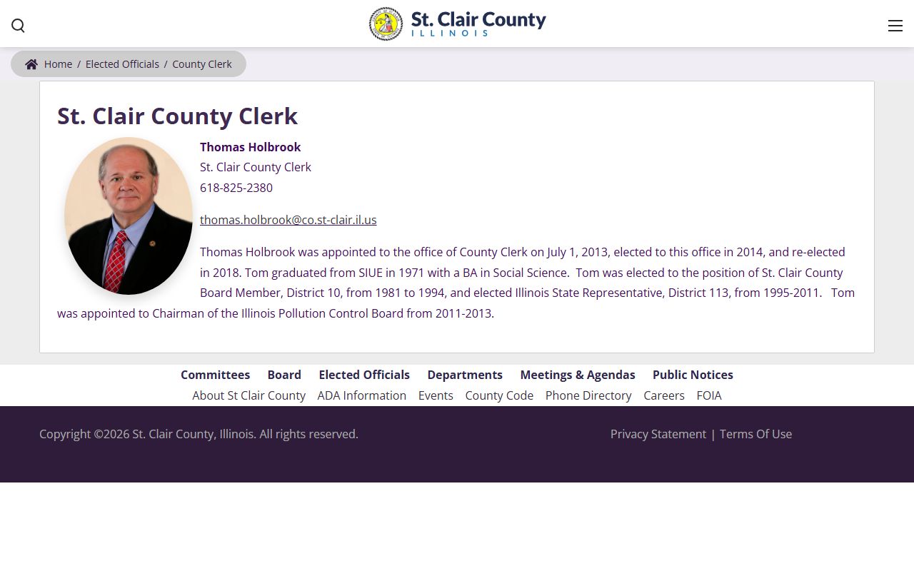 St. Clair County Clerk Thomas Holbrook elected-official profile page