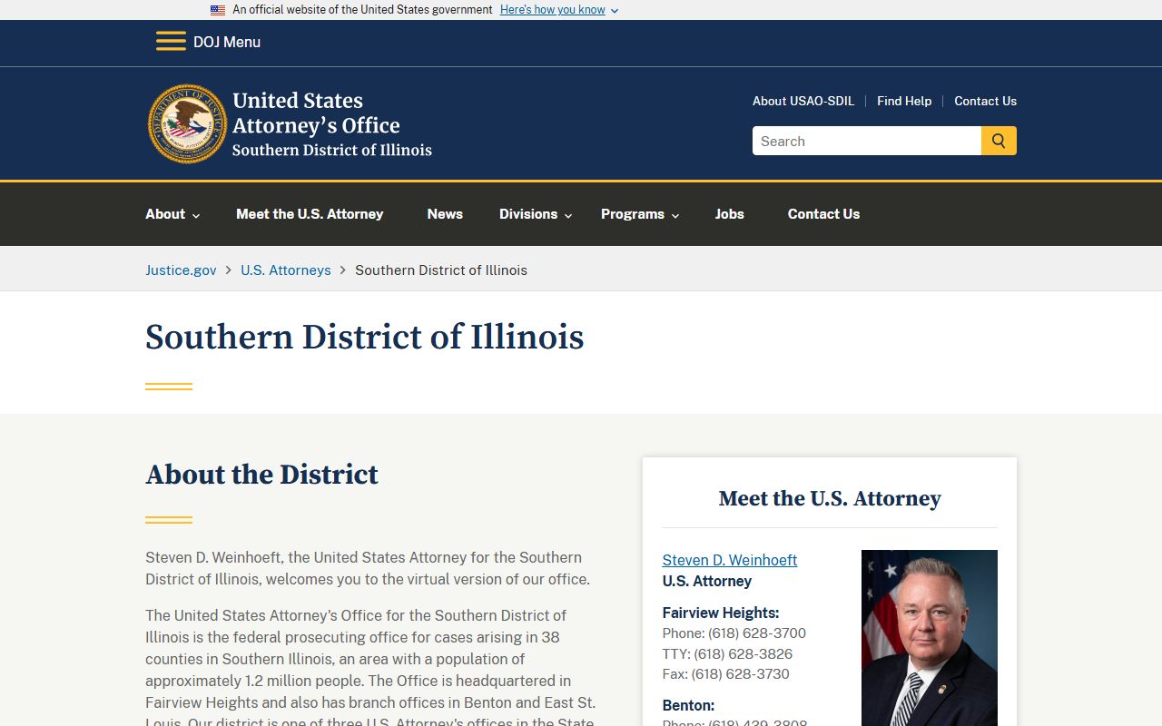 U.S. Attorney Southern District of Illinois page used in St. Clair County warrant records research
