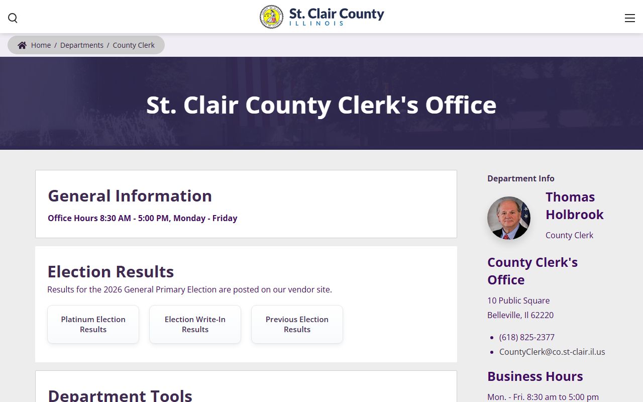 St. Clair County Clerk landing page with vital records and marriage links