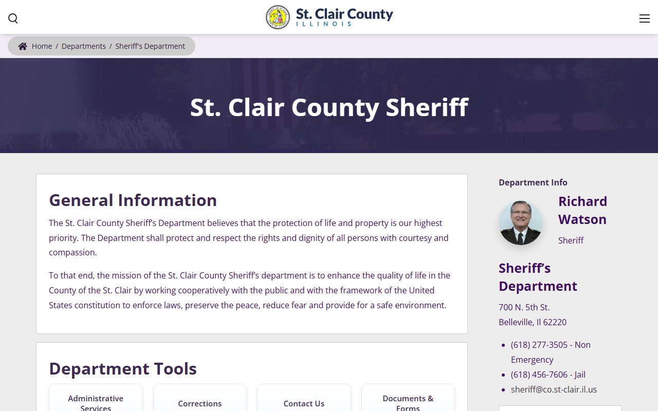 St. Clair County Sheriff's Department landing page with inmate search and corrections links
